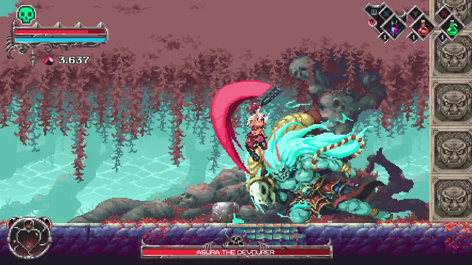 Okko jumping at Asura the Devourer, a teal multi-armed demon, with the boss health bar along the bottom