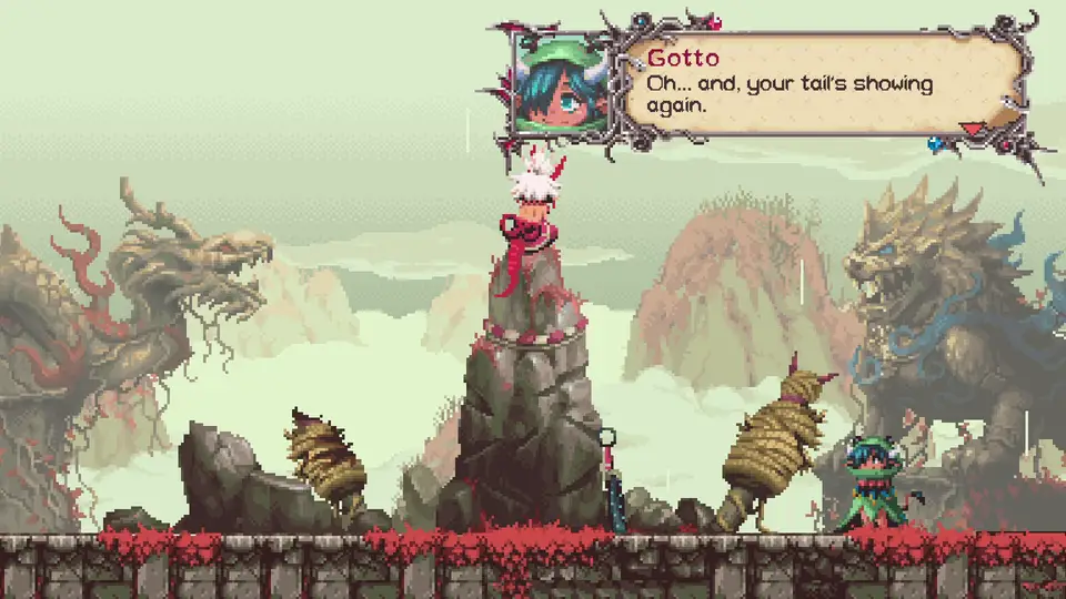 Okko on a rocky spire talking to Gotto, a green-haired character, with a pagoda-like landscape behind